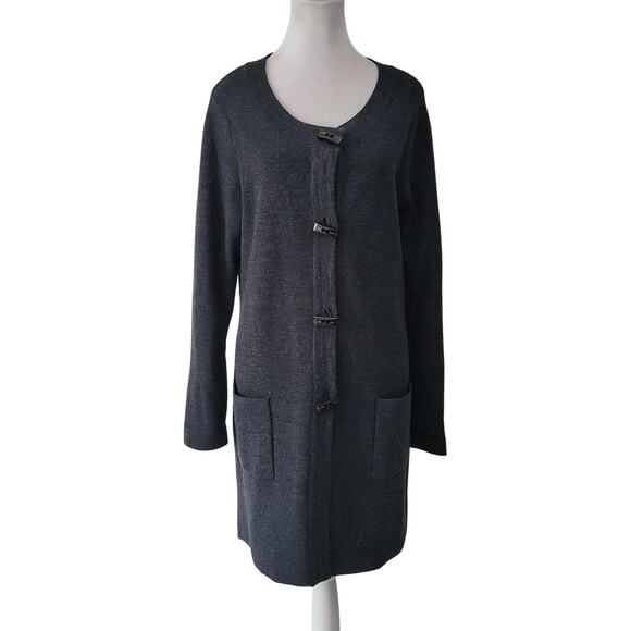 Ellen Tracy Size XL Long Line Merino Wool Cardigan Charcoal Gray Pockets - Picture 1 of 9